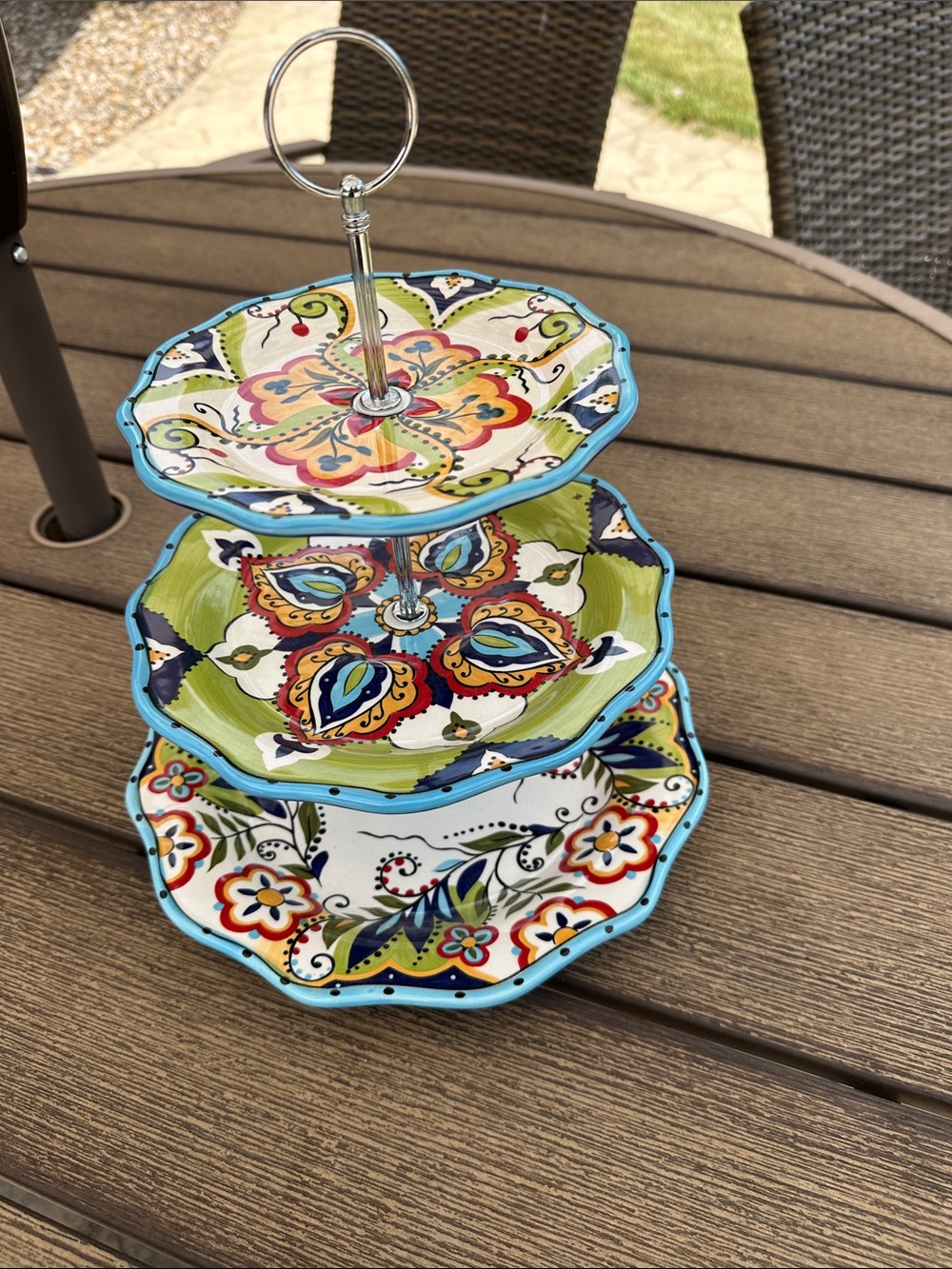 Vintage Espana Three-Tier Ceramic Serving Stand in Multicolor Floral Pattern
